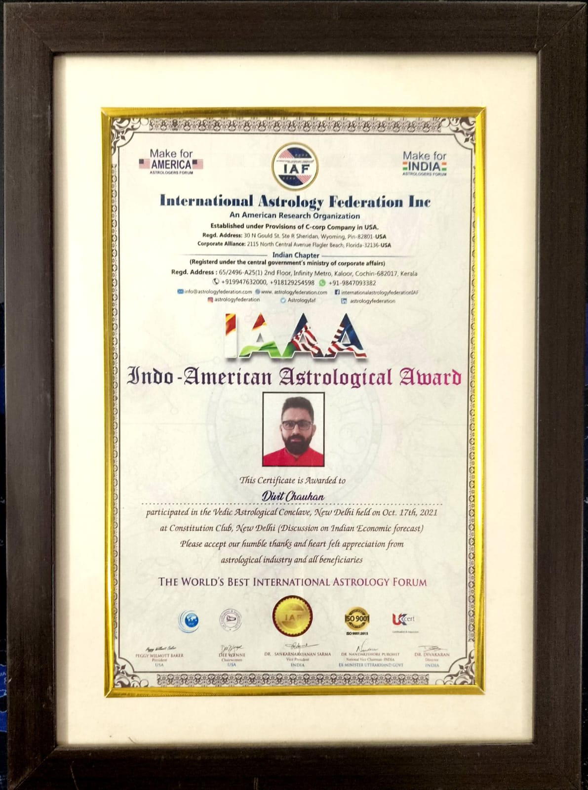 Indo American Astrological Award - Internation Astrology Federation Inn