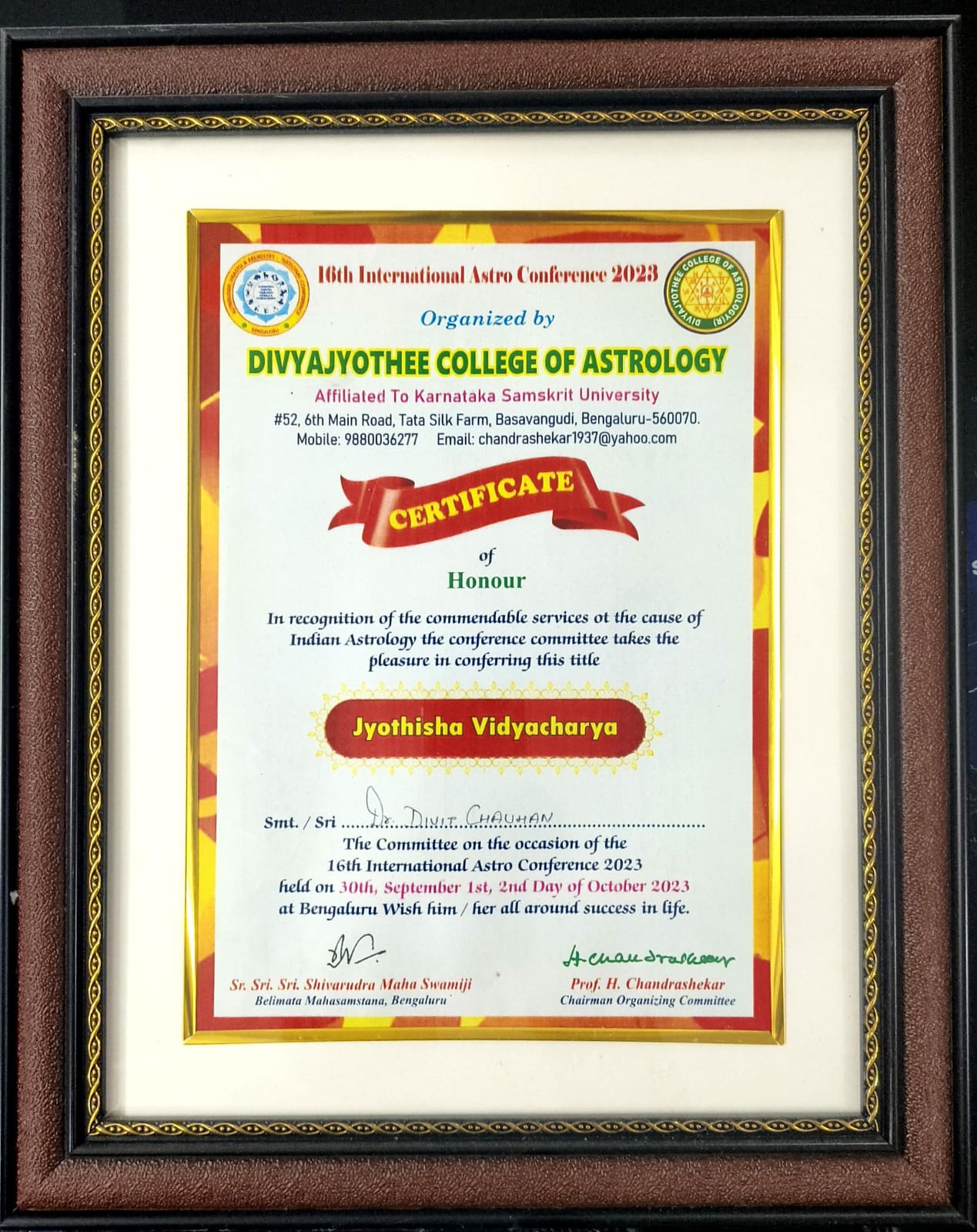 Certificate of Honour - Divyajyothee College of Astrology