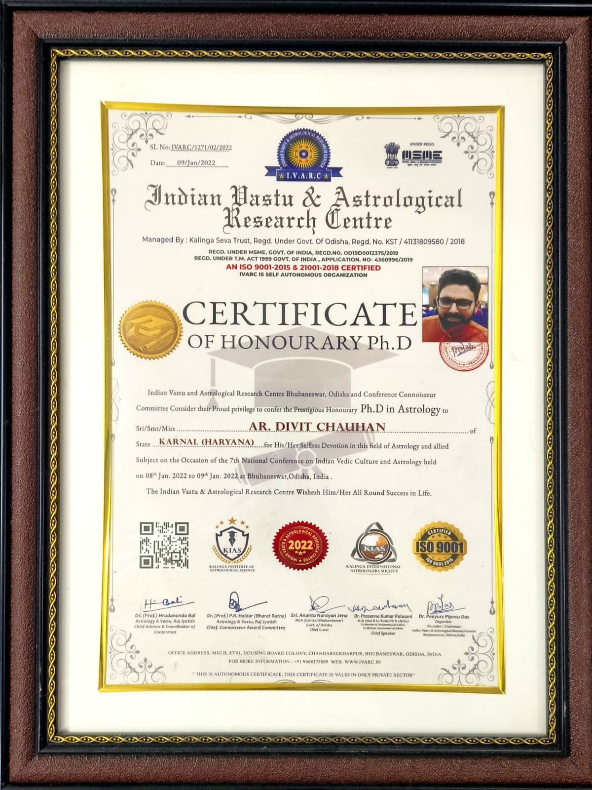 Certificate of Honourary Ph.D - Indian Vastu and Astrological Research Centre